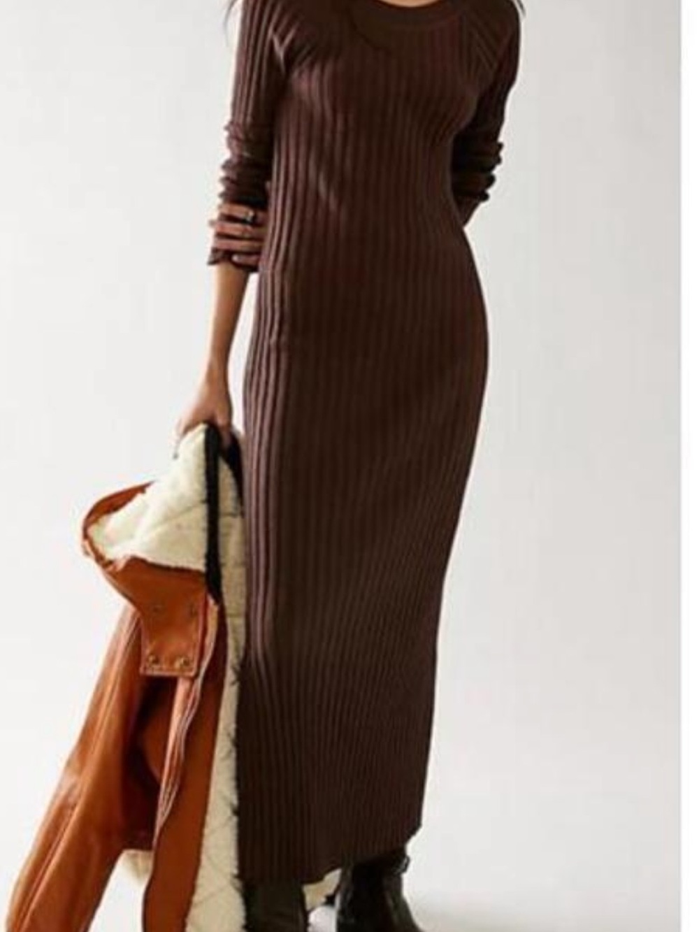 Ribbed Long Sleeve Maxi Dress - Dark Brown - Picture 5 of 5